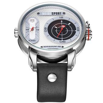 WEIDE WH-3409 Genuine Leather Strap Mens Quartz Military Army Sport Wristwatch White With Black  