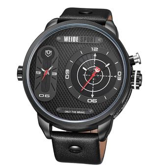 WEIDE WH-3409 Men's Genuine Leather Strap Two Time Zones Display Quartz Sports Watch - Black  