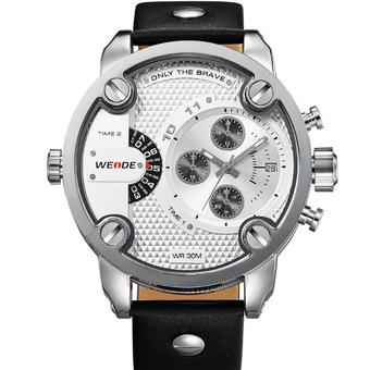 WEIDE WH3301 Men's Sports Genuine Leather Strap Waterproof Oversize Quartz Wristwatch Black With White  