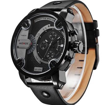 WEIDE WH3301B-1C 431114 Oversize 2 Time Zone Military Dial Dual Quartz Movement Men's Sport Wrist Watch Black  