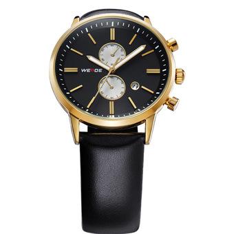 WEIDE WH3302 Men's Sports Genuine Leather Strap Stainless Steel Case Quartz Watch Gold With Black and White (Intl)  