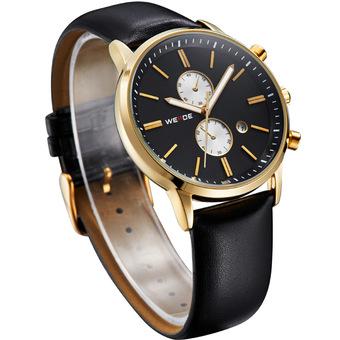 WEIDE WH3302 Men's Sports Genuine Leather Strap Stainless Steel Case Quartz Watch - Gold + Black + White (Intl)  