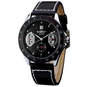 WINNER Automatic Mechanical Calendar Leather Strap Mens Sport Watch Black Dial WW165 (Intl)  