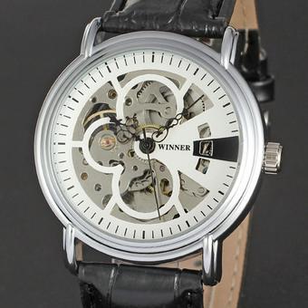 WINNER Black Leather Strap Automatic Mechanical Mens Skeleton Watch White Dial WW072 (Intl)  