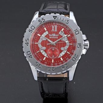 WINNER Calendar Automatic Mechanical Leather Strap Mens Sport Watch Red Dial WW091 (Intl)  