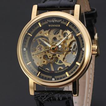 WINNER Men's Leather Gold Case Skeleton Mechanical Hand Wind Mens Watch Black WW282 (Intl)  
