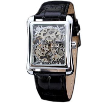 WINNER Square Skeleton Mechanical Hand Wind Mens Leather Strap Watch Silver WW177 (Intl)  
