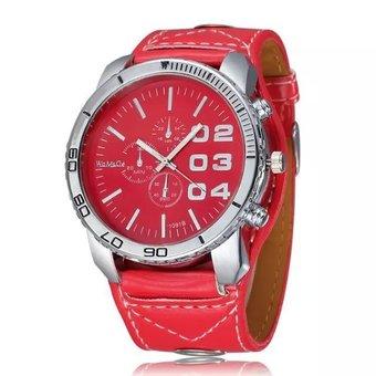 WOMAGE Men Big Round Style Adjustable Alloy Case PU leather Band Quartz Watches red (Intl)  
