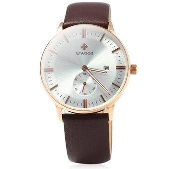WWOOR 8809 Leather Band Quartz Male Watch with Calender WHITE (Intl)  