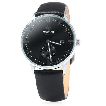 WWOOR 8811 Leather Band Quartz Male Watch with Calender BLACK (Intl)  