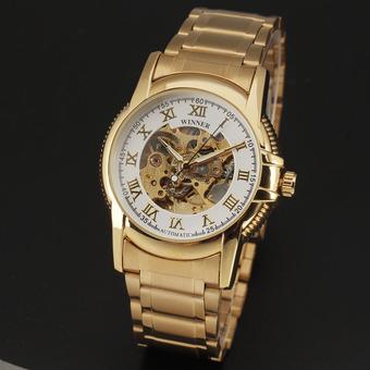 Winner Classic Skeleton Design Auto Mechanical Watch Gold Steel Material White Dial (Intl)  