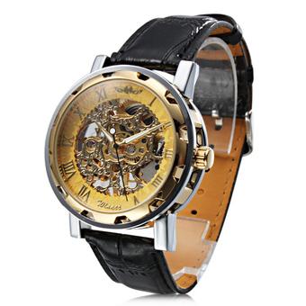 Winner Skeleton Design Manual Mechanical Watch Leather Strap Gold Dial (Intl)  