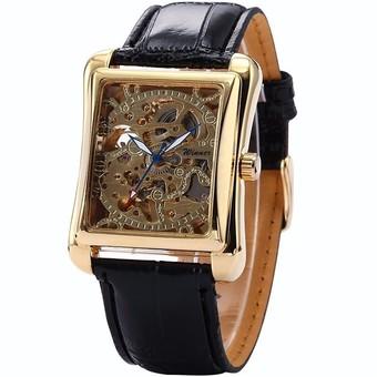 Winner Square Skeleton Design Auto Mechanical Watch Leather Strap Gold - Intl  