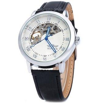 Winner W032 Men Fan-shaped Hollow Mechanical Watch with Leather Band Arabic Roman Numeral Scales (White) - Intl  