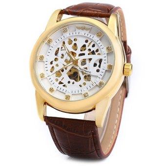 Winner W045 Men Hollow Automatic Mechanical Watch with Leather Band Rhinestone Scales (Gold ) - Intl  