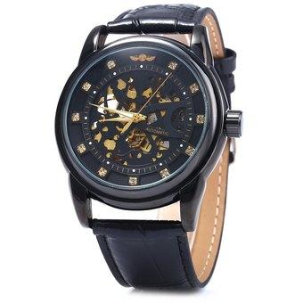 Winner W045 Men Hollow Automatic Mechanical Watch with Leather Band Rhinestone Scales (BLACK) - Intl  