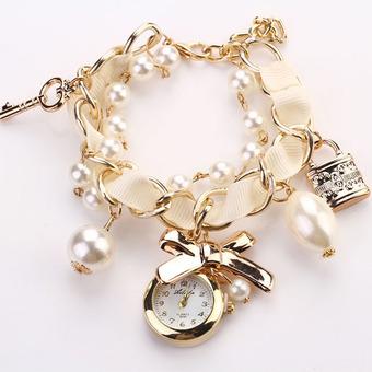 Women Artificial Pearl Bow knot Bracelet Quartz Wristwatches Watches (White)  