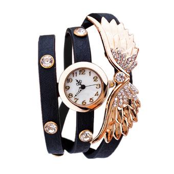 Women Ladies Angel Wings Rhinestone PU Leather Bracelet Quartz Wrist Watch Black  