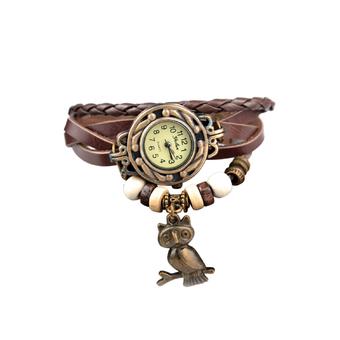 Women Ladies Retro Handmade Weave Around PU Leather Bracelet Wrist Quartz Watch with Owl Pendant Accessories Coffee (Intl)  