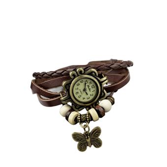 Women Ladies Retro Handmade Weave Around PU Leather Bracelet Wrist Quartz Watch with Butterfly Pendant Accessories Coffee (Intl)  