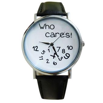 Women Men Who Cares Leather Casual Watch Analog Quartz Wrist Watch Black (Intl)  