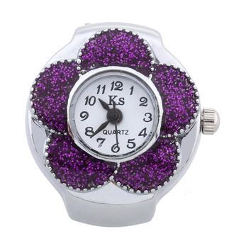 Women Quartz Movement Finger Ring Watch Purple Flower Dial Arabic Numerals  