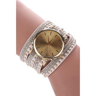 Women Rhinestone Crystal Rivet Bracelet Quartz Braided Winding Wrap Wrist Watch White  