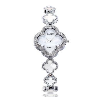 YAQIN Fashion Bracelet Watch Women Casual Clocks Quartz Flower Rhinestone Watches Rose Gold Silver Wristwatches- Silver  