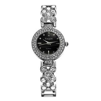YAQIN Fashion Crystal Rhinestone Diamond Watch Silver Bracelet Dress Ladies Stylish Women Watches Hours Quartz Wristwatches--Silver Black  