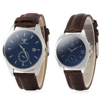 Yazole 306 Couple Analog Quartz Watch Date Display Separate Second Dial (Brown) - Intl  