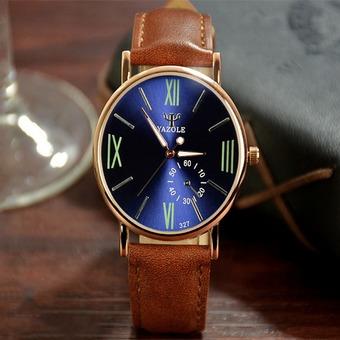 Yazole Analog Leather Band Quartz Wrist Watch (Blue+Brown)- Intl  