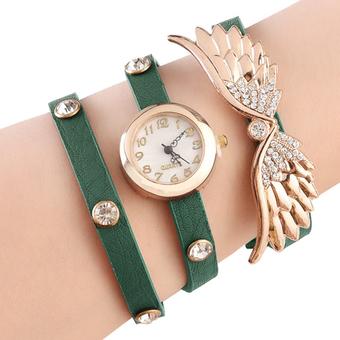 Yika Fashion Angel Wings Rhinestone-studded Leather Ladies Quartz Watches (Green) (Intl)  