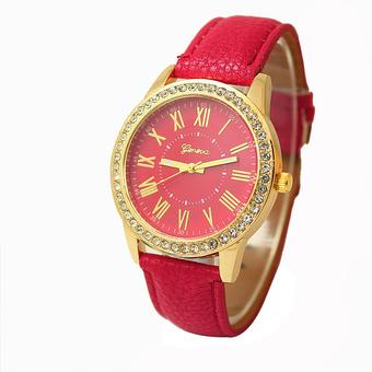 Yika Ladies Women Girl Geneva Leatherwear Quartz Golden Crystal Stone Rome Wrist Watch (Red) (Intl)  