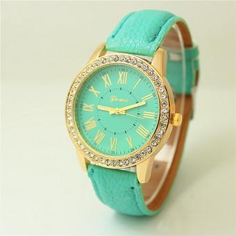 Yika Ladies Women Girl Geneva Leatherwear Quartz Golden Crystal Stone Rome Wrist Watch (Mint green) (Intl)  