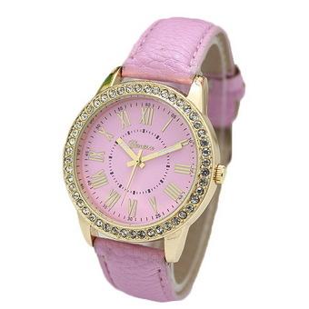 Yika Ladies Women Girl Geneva Leatherwear Quartz Golden Crystal Stone Rome Wrist Watch (Pink) (Intl)  
