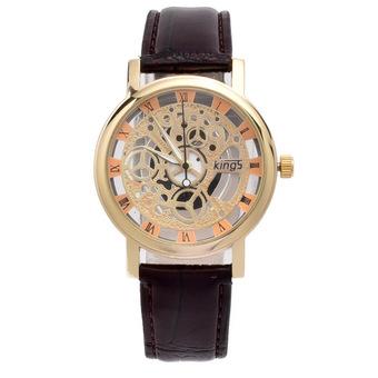 Yika Men Hollow Carve Leather Band Strap Watch (Black Gold) (Intl)  