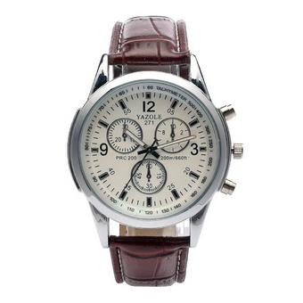 Yika Men's Leather Stainless Steel Quartz Wrist Watch (White+Brown) (Intl)  