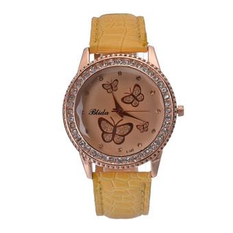 Yika Women Lady Golden Band Butterfly Bracelet Watches Quartz Rhinestone Wrist Watch (Yellow) (Intl)  