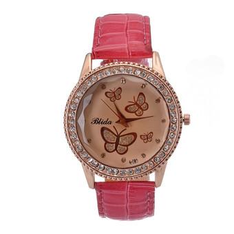 Yika Women Lady Golden Band Butterfly Bracelet Watches Quartz Rhinestone Wrist Watch (Rose Red) (Intl)  