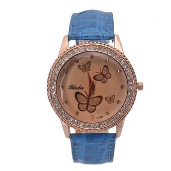 Yika Women Lady Golden Band Butterfly Bracelet Watches Quartz Rhinestone Wrist Watch (Blue) (Intl)  