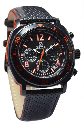 Zeca Jam Tangan Pria - Hitam-Oranye - Strap Leather/Rubber - 254M Black Orange  