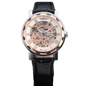 pu leather Band automatic Mechanical Skeleton Watch For Men Fashion Gear Wrist Watch Reloj Army Hombre Horloge white&Rose gold (Intl)  