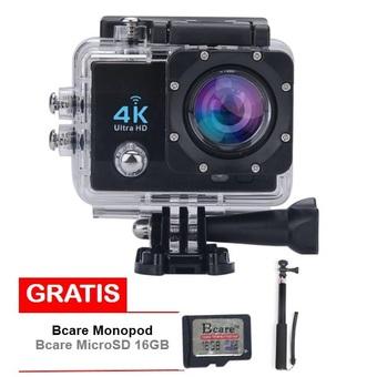 B-Cam X-3 WiFi- Ultra 4K- Sony Sensor - 16MP -Bcare Action Camera - Waterproof 30m 2 inch - Hitam + MicroSD 16 GB + Monopod  