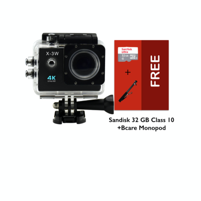 B-Cam X-3 WiFi- Ultra 4K- Sony Sensor - 16MP -Bcare Action Camera - Waterproof 30m 2 inch - Hitam + Sandisk 32 GB + Monopod