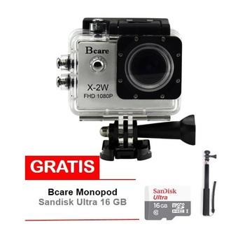 Bcare Action Camera B-Cam X-2 Wifi - 12 MP Full HD 1080P - Silver + Gratis Sandisk 16GB Class 10 + Monopod  