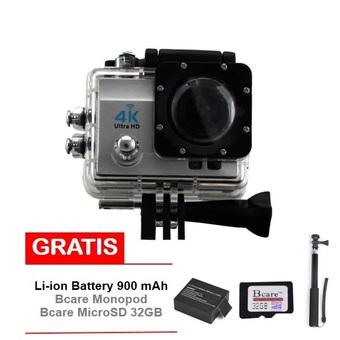 Bcare Action Camera - B-Cam X-3 WiFi - 16MP - Silver + Gratis Bcare SD Card 32 GB Class 10 + Monopod +Battery 900 mAh  