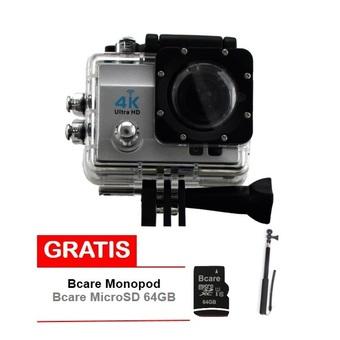 Bcare Action Camera - B-Cam X-3 WiFi - 16MP - Silver + Gratis Bcare SD Card 64 GB Class 10 + Monopod  
