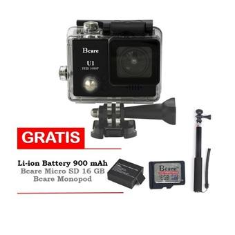Bcare Action Camera U-1 12 MP FHD 1080P - Hitam + Gratis MicroSD 16 GB Class 10 + Monopod + Battery 900 mAh  