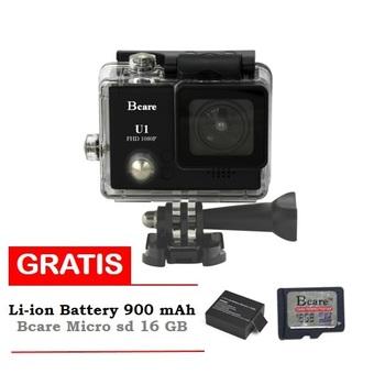 Bcare Action Camera U-1 12 MP FHD 1080P - Hitam + Gratis MicroSD 16 GB Class 10 + Battery  