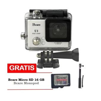 Bcare Action Camera U-1 12 MP FHD 1080P - Silver + Gratis MicroSD 16 GB Class 10 + Monopod  
